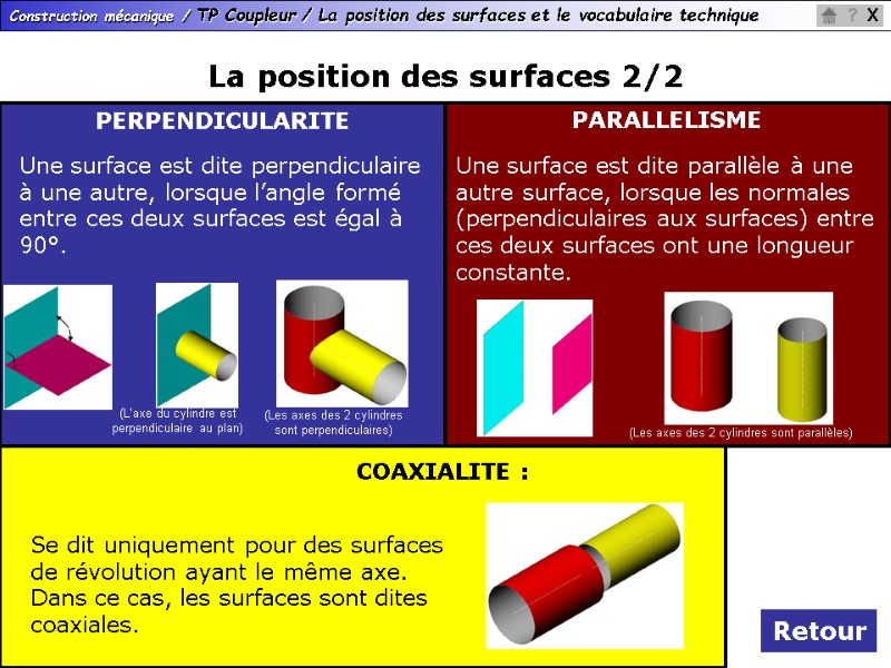 La position des surfaces 2/2 Retour (Les axes des 2 cylindres sont parallèles) Une